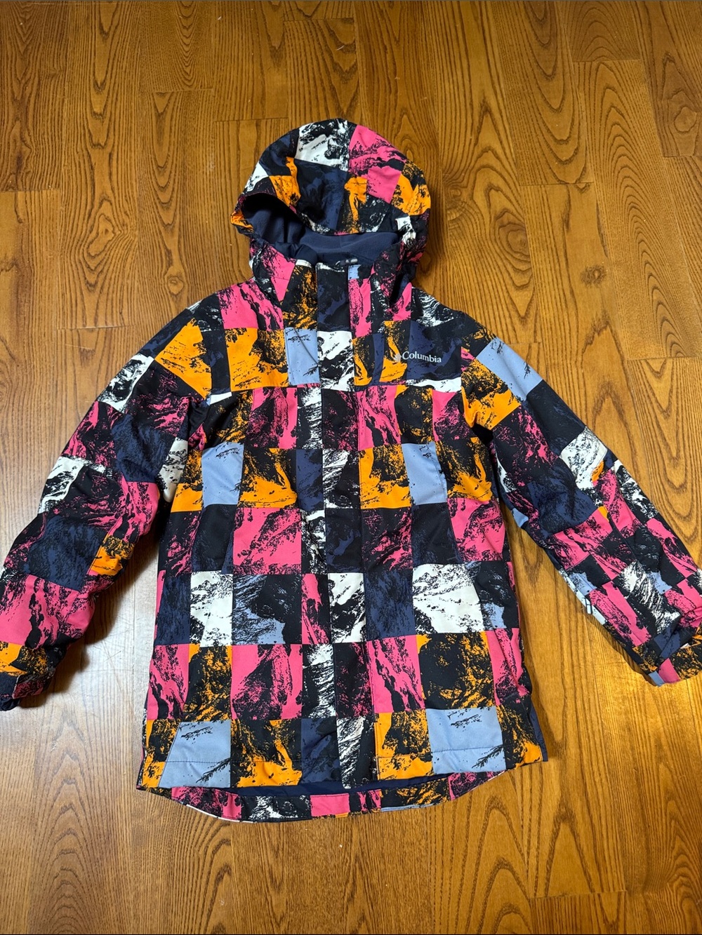 Columbia Pink Orange Blue Black Checkered Hooded 3 in 1 Ski Jacket